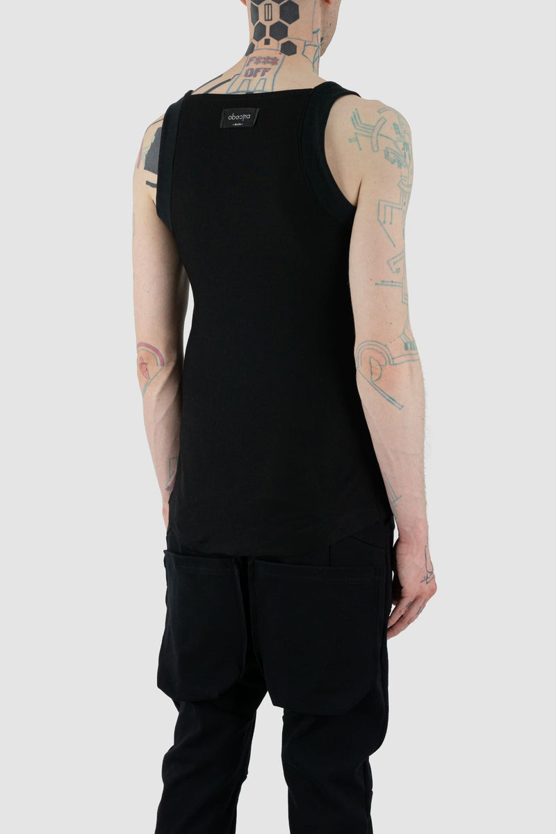 Obectra Studio - Back side view of Black Muscle Square Tank with square front and back ending, slim fit, Permanent Collection.