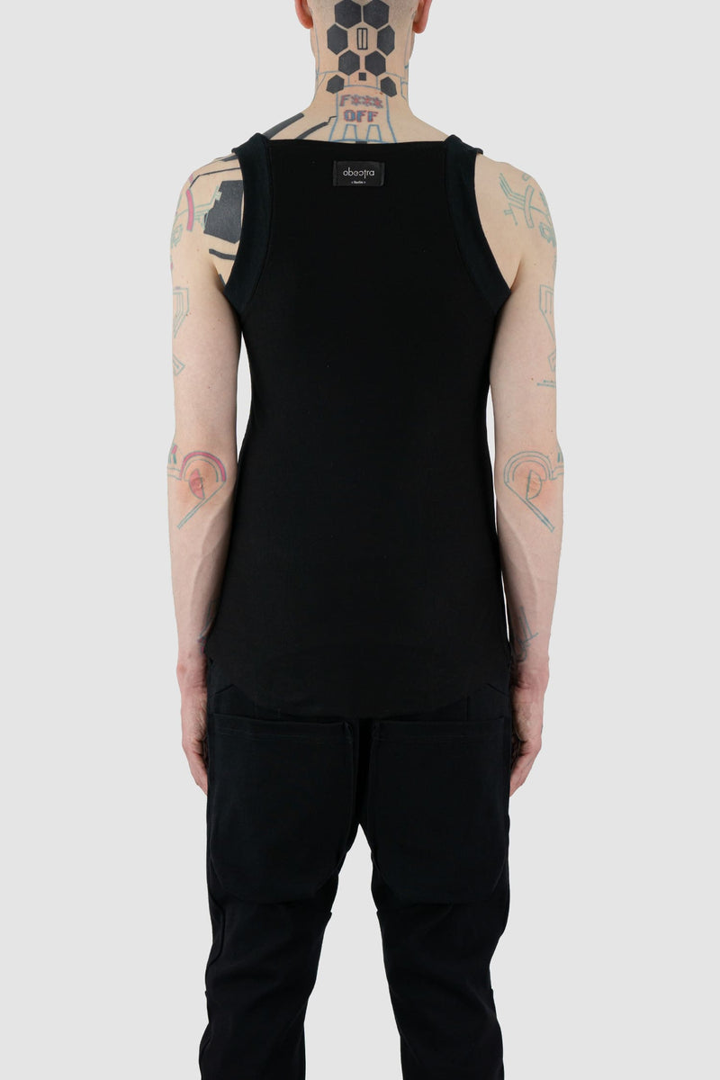 Obectra Studio - Back view of Black Muscle Square Tank with square front and back ending, slim fit, Permanent Collection.