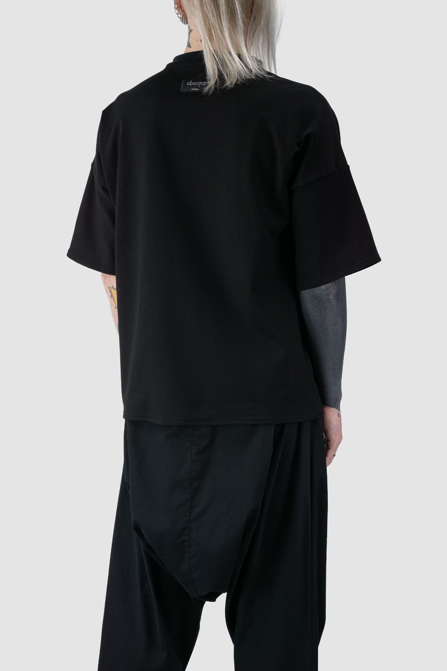 Obectra - back side view of black Oversized Shoulder Panel Viscose T-Shirt