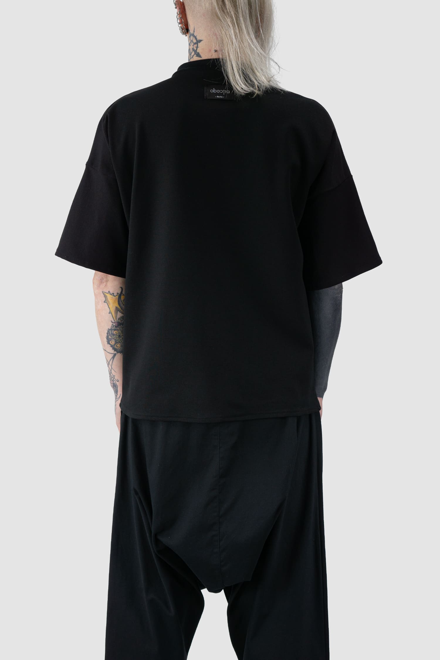 Obectra - back view of black Oversized Shoulder Panel Viscose T-Shirt
