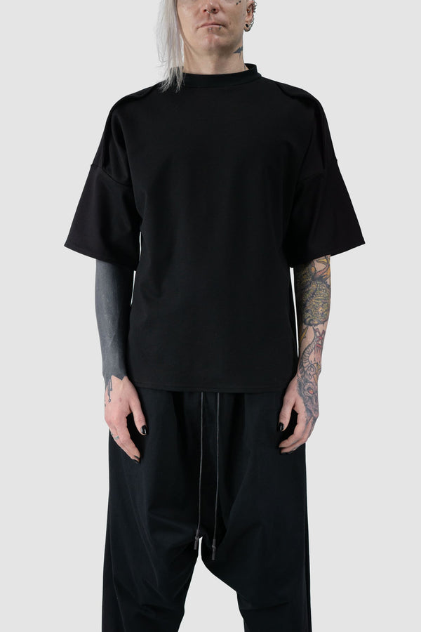 Obectra - front view of black Oversized Shoulder Panel Viscose T-Shirt