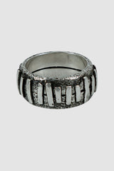 Olivier Jewelry - front view of 925 silver Stitched ring from Permanent collection with irregular silver patches added on 2 rings to combine. 