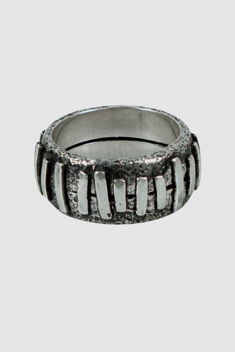 Olivier Jewelry - front view of 925 silver Stitched ring from Permanent collection with irregular silver patches added on 2 rings to combine. 