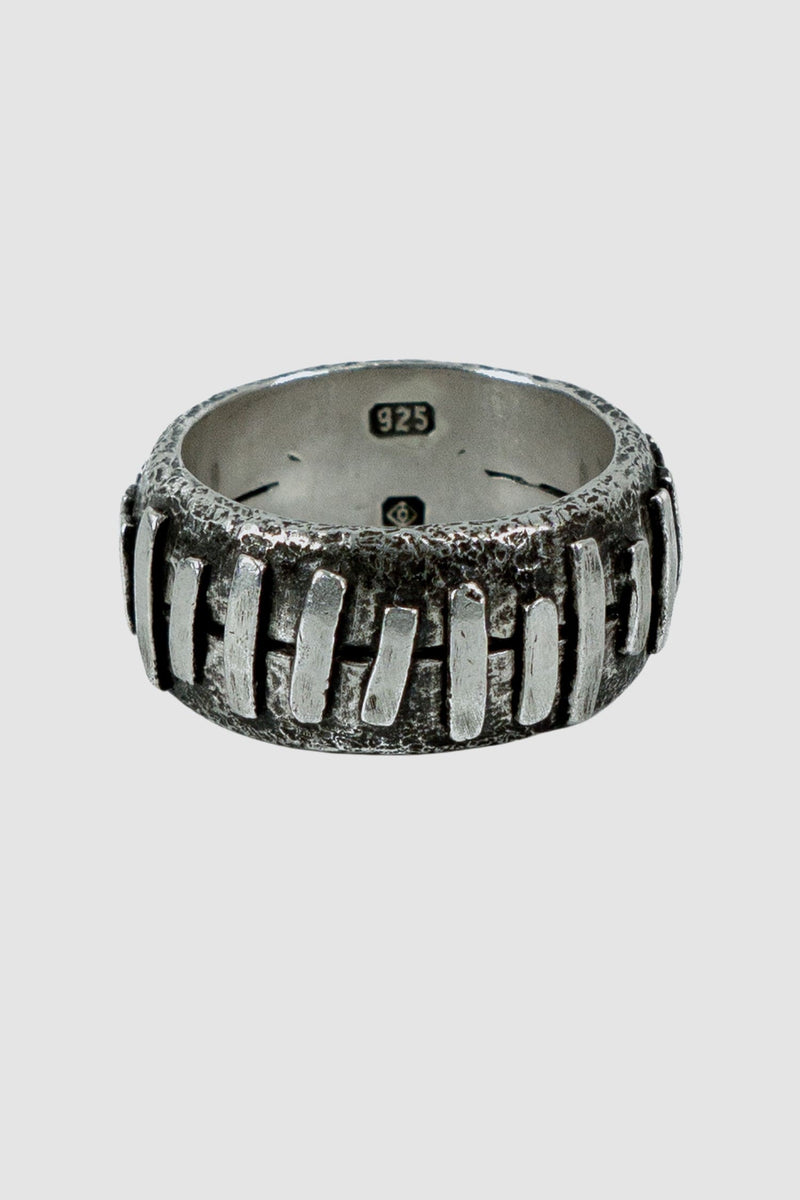 Olivier Jewelry - back view of 925 silver Stitched ring from Permanent collection with irregular silver patches added on 2 rings to combine. 