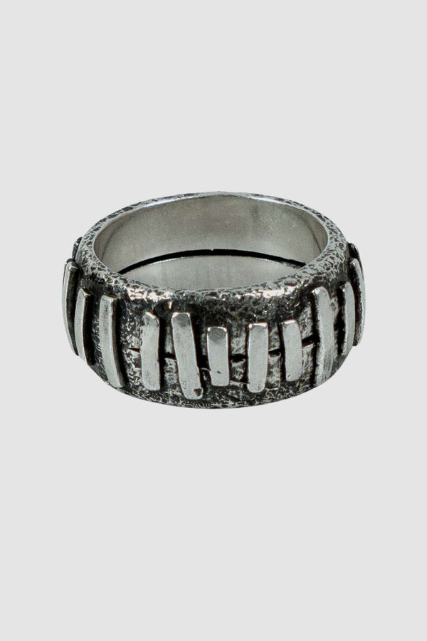 OLIVIER 925 silver Stitched ring from Permanent collection with irregular silver patches added on 2 rings to combine, front view.