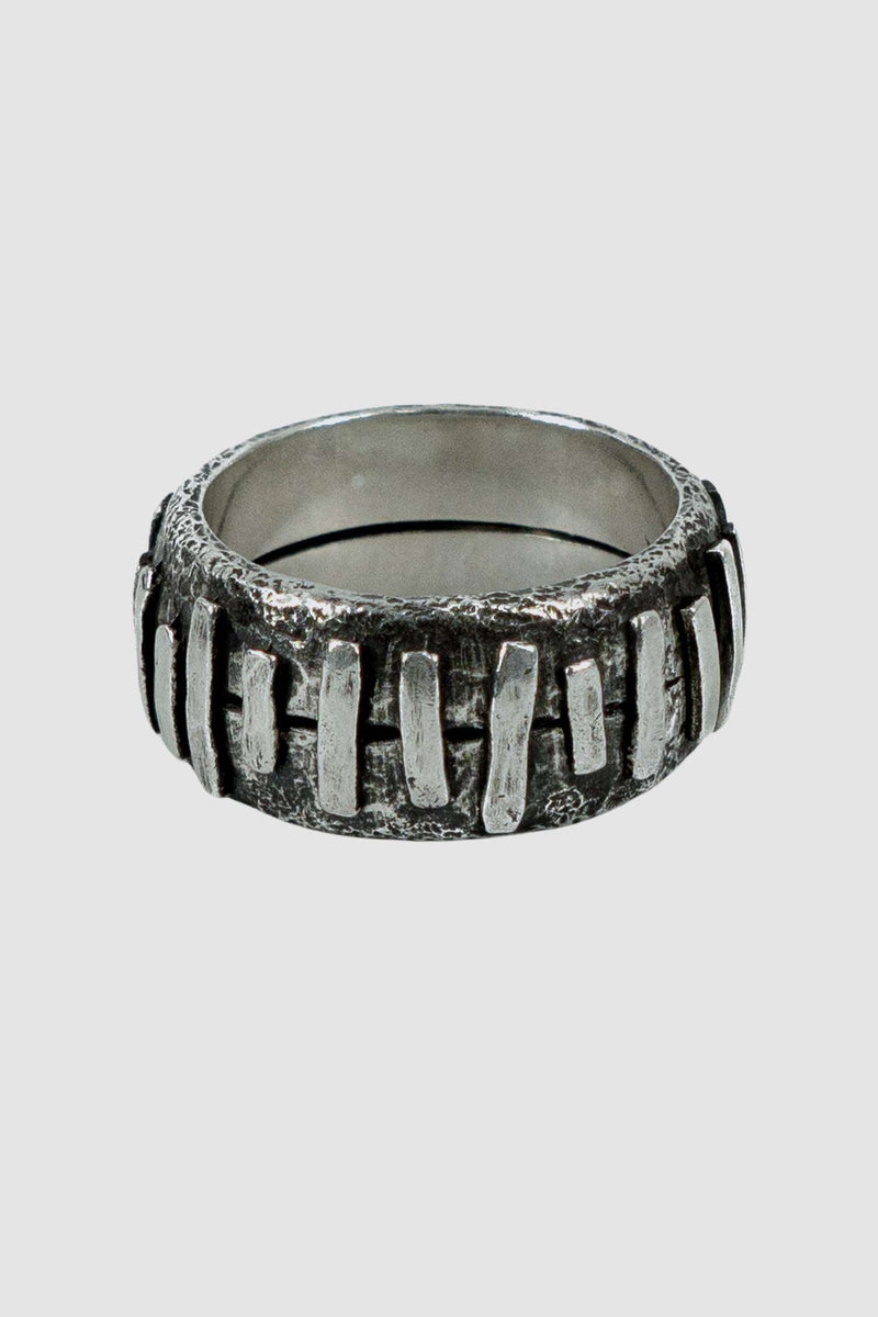 OLIVIER 925 silver Stitched ring from Permanent collection with irregular silver patches added on 2 rings to combine, right view.