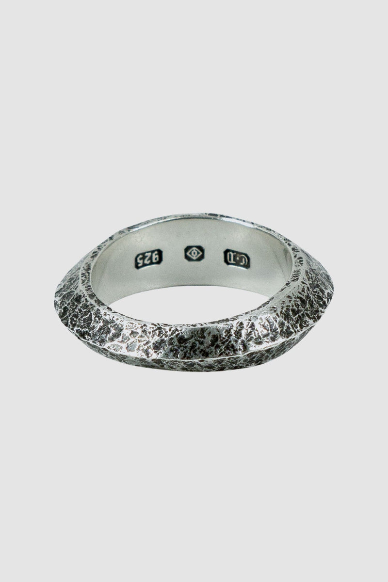 Olivier Jewelry - back view of 925 silver wide tapered ridge ring from the Permanent collection with irregular hammered surface and tapered point.