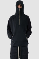 Ovnnie - hodded view of the black Balaclava Zip Hoodie.