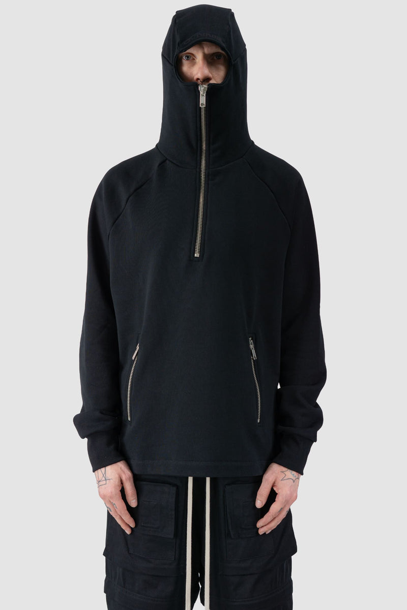 Ovnnie - relaxed view of the black Balaclava Zip Hoodie.