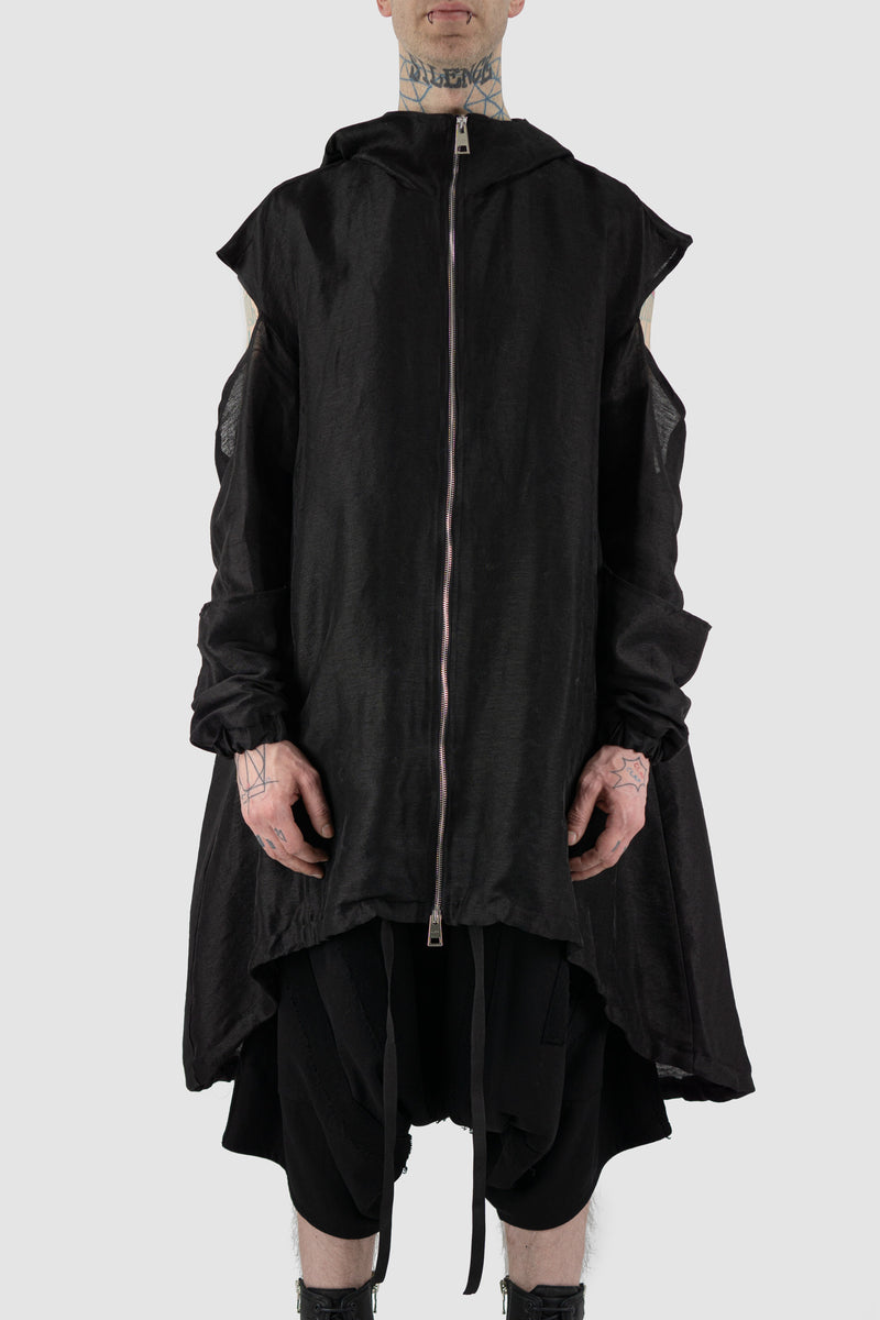 LA HAINE INSIDE US Black Fishtail Parka Jacket - SS24 Collection | 59% Linen, 29% Viscose, 15% PA | Huge Hood, Oversize Fit, Double Slider Zip Closure, Multifunctional Sleeve Variations | Made in Italy