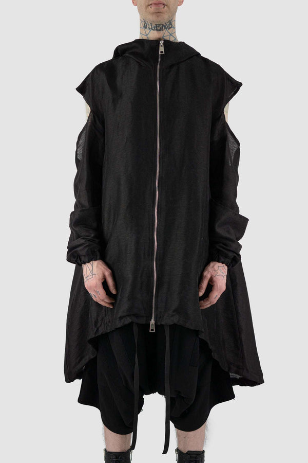 Front view of Black Fishtail Parka Jacket for Men with multifunctional sleeve variations, LA HAINE INSIDE US