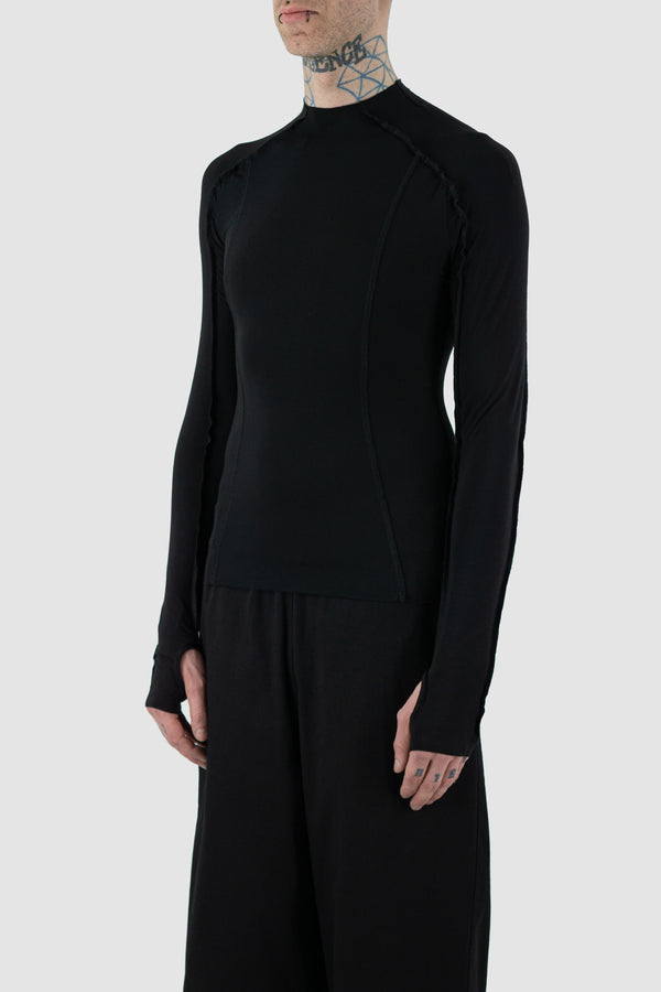 UY STUDIO Black Bamboo L/S Shirt: Permanent Collection, external seams, long sleeves, slim fit. Color: Black. Composition: 96% Bamboo, 4% Spandex. Features raw edged bottom, thumb holes. Visible vegan leather UY label on the back.