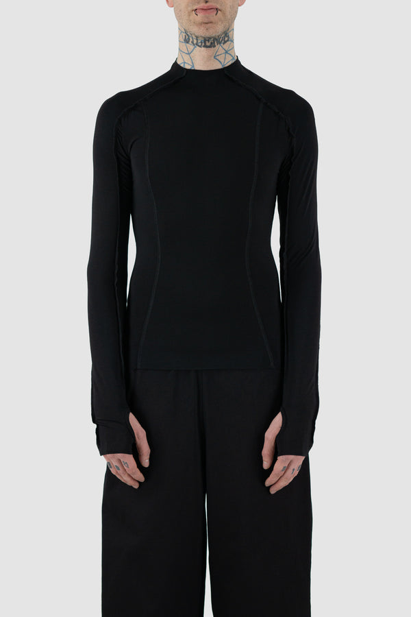 UY STUDIO Black Bamboo L/S Shirt: Permanent Collection, external seams, long sleeves, slim fit. Color: Black. Composition: 96% Bamboo, 4% Spandex. Features raw edged bottom, thumb holes. Visible vegan leather UY label on the back.