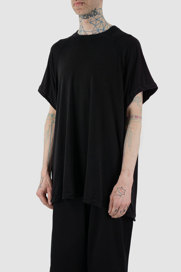Side view of Black Double Layer Tee for Men with oversized fit, LEON LOUIS
