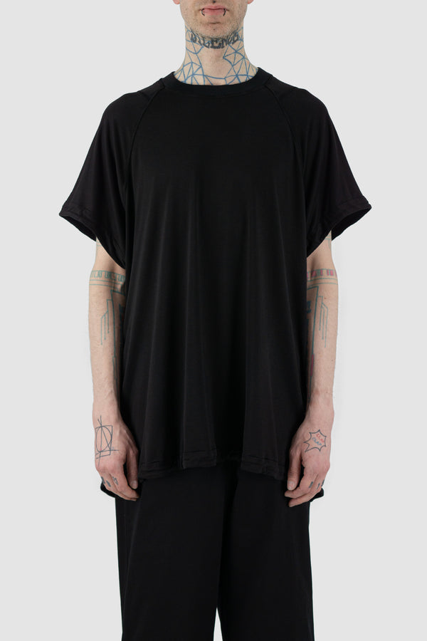 Front view of Black Double Layer Tee for Men with oversized fit, LEON LOUIS