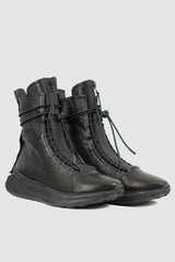 Puro Secret - front right view of Black futurist man Hybride Leather Sneaker Boots for Men from Permanent Collection with Hidden Zipper and Elastic Lacing.