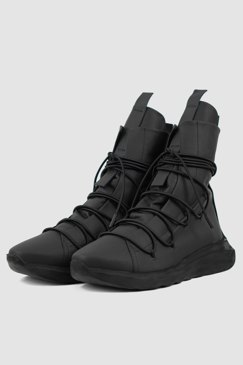 Puro Secret - front left view of Matte Calf Leather All-Over Lacing Sock Sneakers