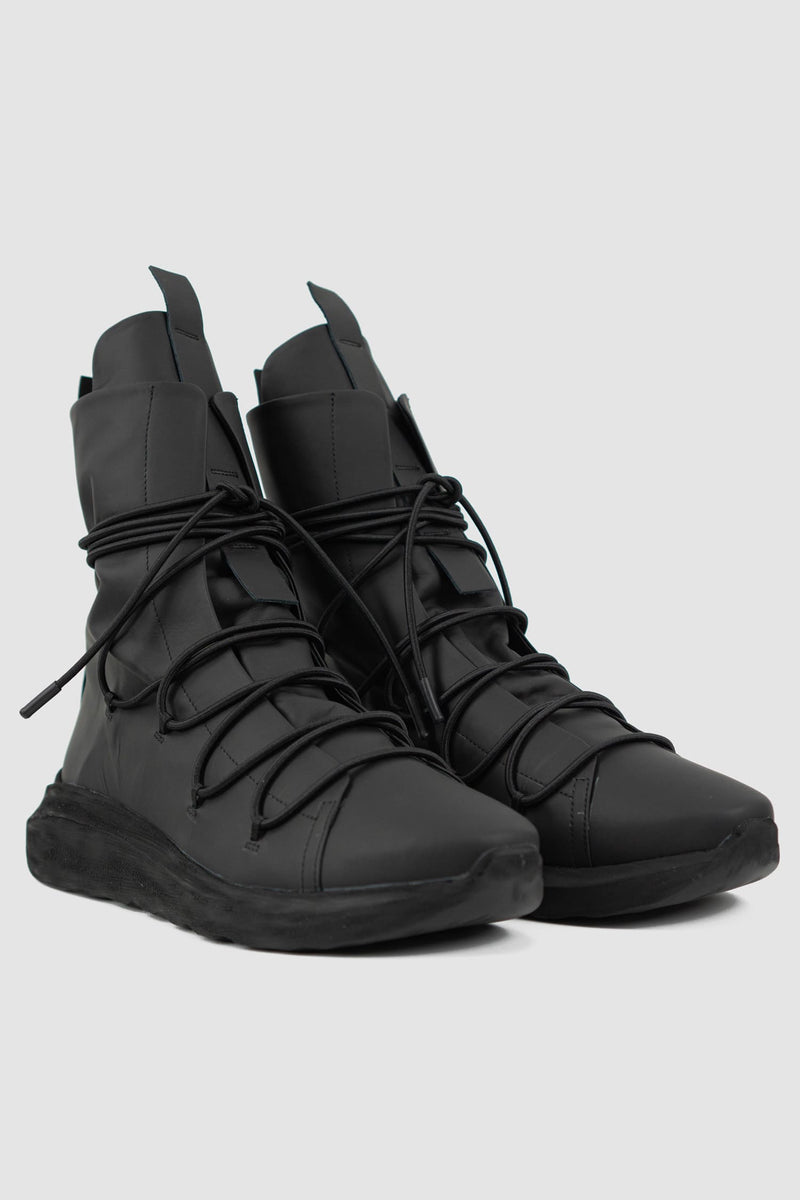 Puro Secret - front right view of Matte Calf Leather All-Over Lacing Sock Sneakers