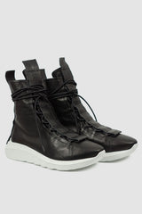 Puro Secret - front right view of black next level High Top Sneaker for Men from the Permanent Collection with White Sole and Hidden Elastic Lacing.