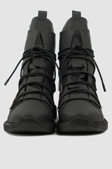 Puro Secret - front view of Black High Top soft tasker man Sock Sneaker for Men from Permanent Collection with all-over Lacing and Soft Leather.