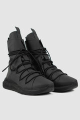 Puro Secret - front right view of Black High Top soft tasker man Sock Sneaker for Men from Permanent Collection with all-over Lacing and Soft Leather.