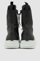 Puro Secret - back view of Black Super Size Man High Top Sneaker for Men from the Permanent Collection with contrast Sole &  Parachute lacing.