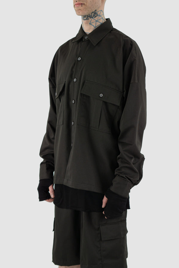 Side view of Black Rap Jacket Posh Outershirt showing button-down neck, XCONCEPT