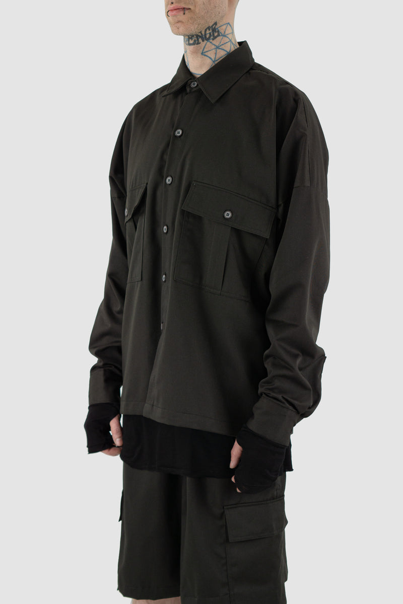 XCONCEPT Men's Black Cotton Blend Outershirt - SS24 Collection | 50% Cotton, 50% PL, Oversized Fit, Two Front Pockets, Button-Down Neck, Open Button Panel | Made in Bali