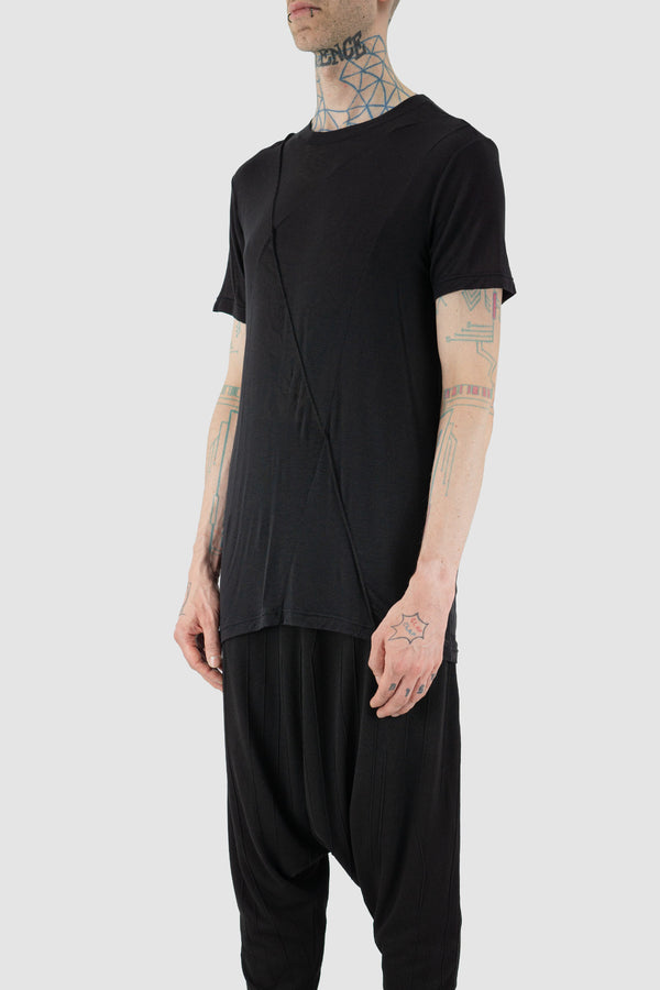Side view of Black Simple Tee for Men with cashmere viscose blend, LA HAINE INSIDE US