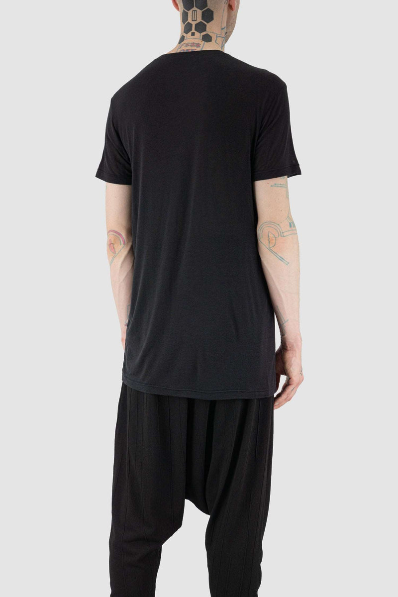 Back view of Black Simple Tee for Men with cashmere viscose blend, LA HAINE INSIDE US