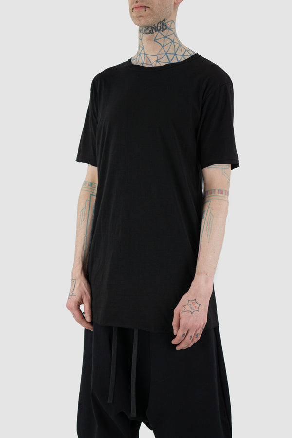 Side view of Black Ruler Top Tee showing round neck, XCONCEPT