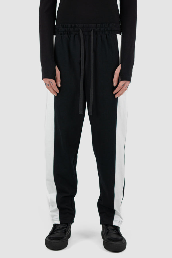 Front view of Black Ruler Jogger Pant with white side stripes, XCONCEPT