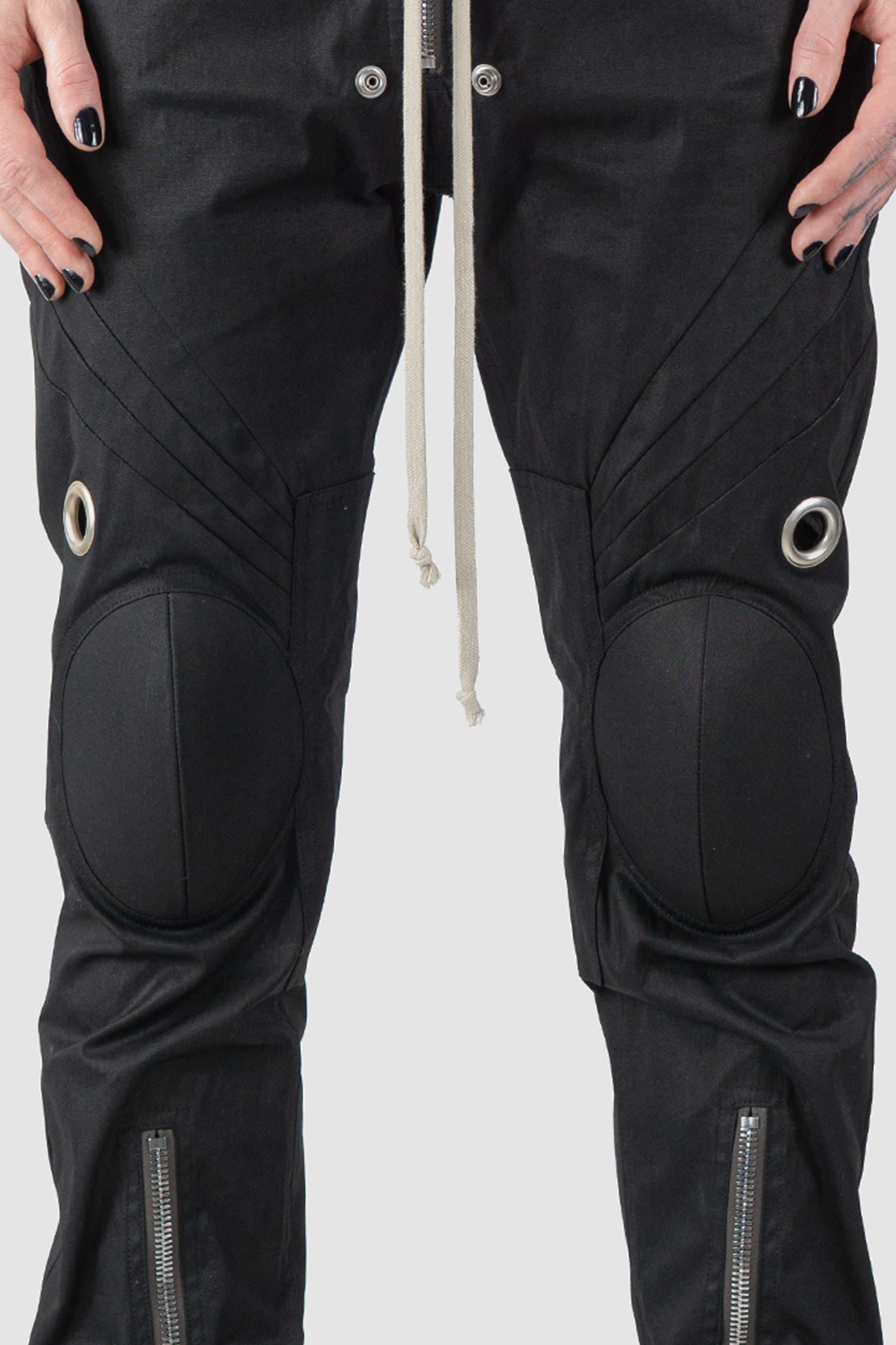 Rick Owens - front detail view of black Cotton Knee Cap Biker Jogger Trousers