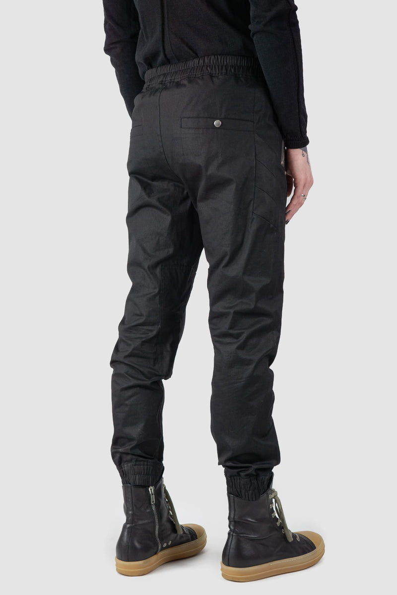Rick Owens - back side view of black Cotton Knee Cap Biker Jogger Trousers