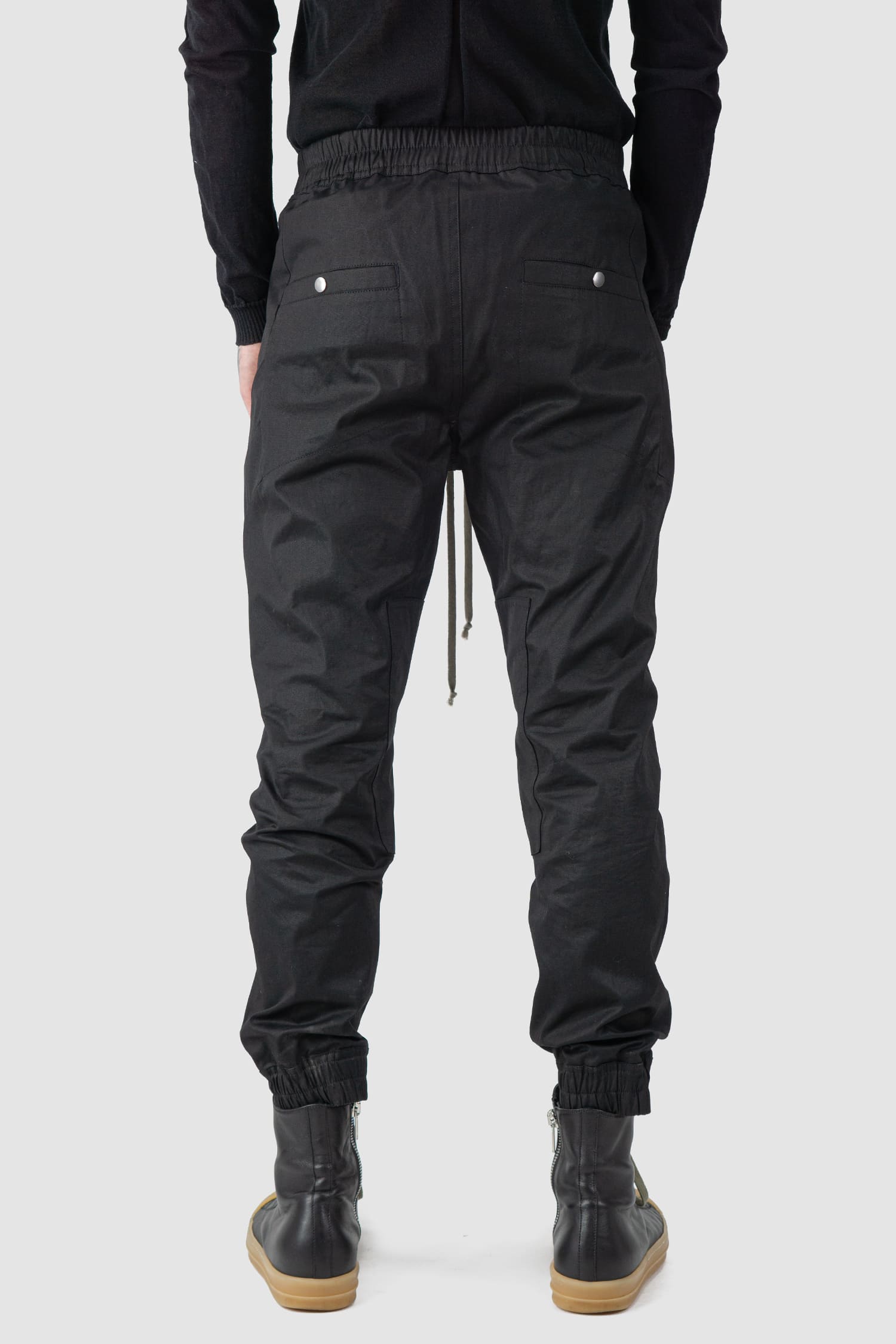 Rick Owens - back view of black Cotton Knee Cap Biker Jogger Trousers