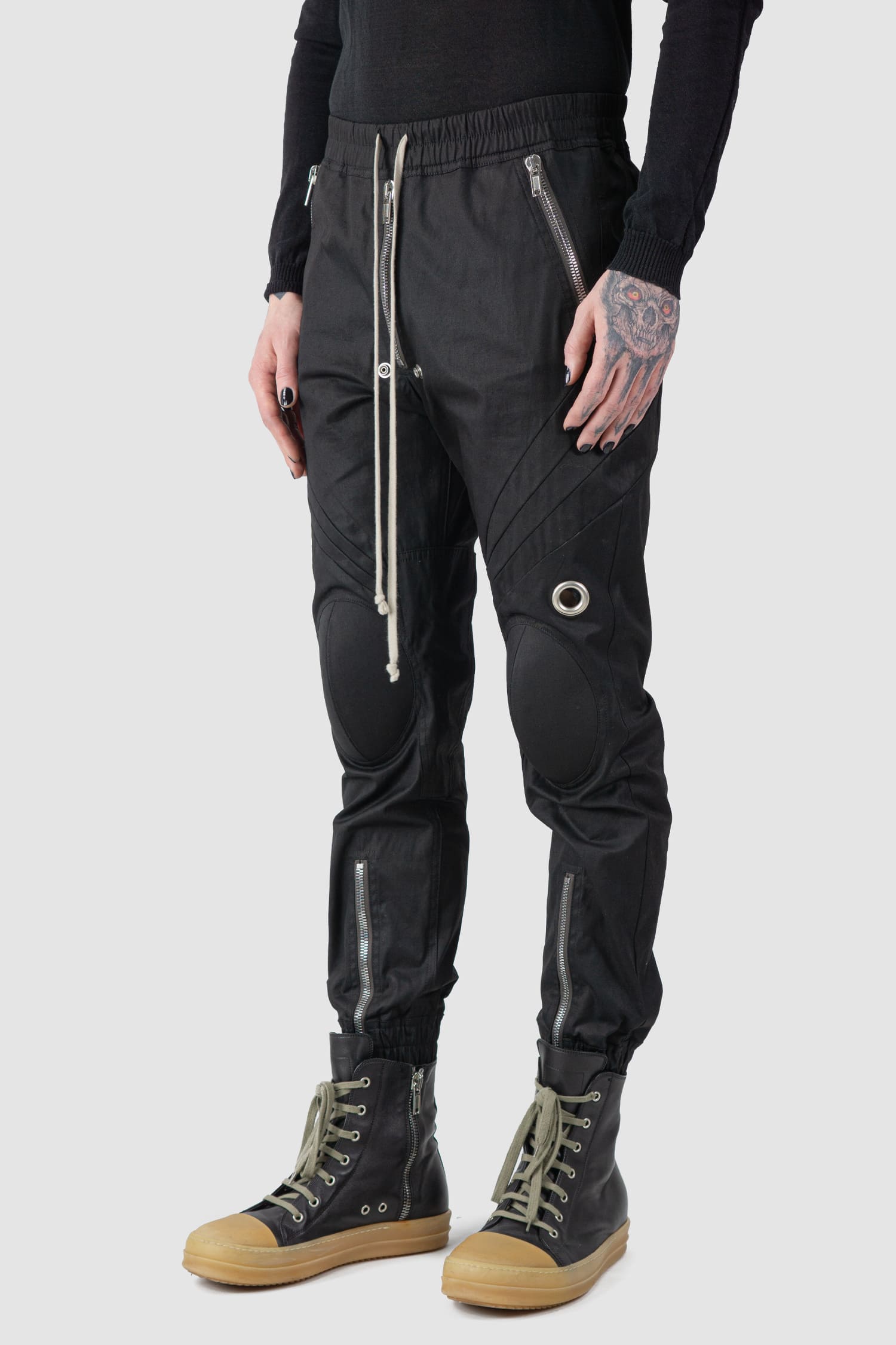 Rick Owens - front side view of black Cotton Knee Cap Biker Jogger Trousers