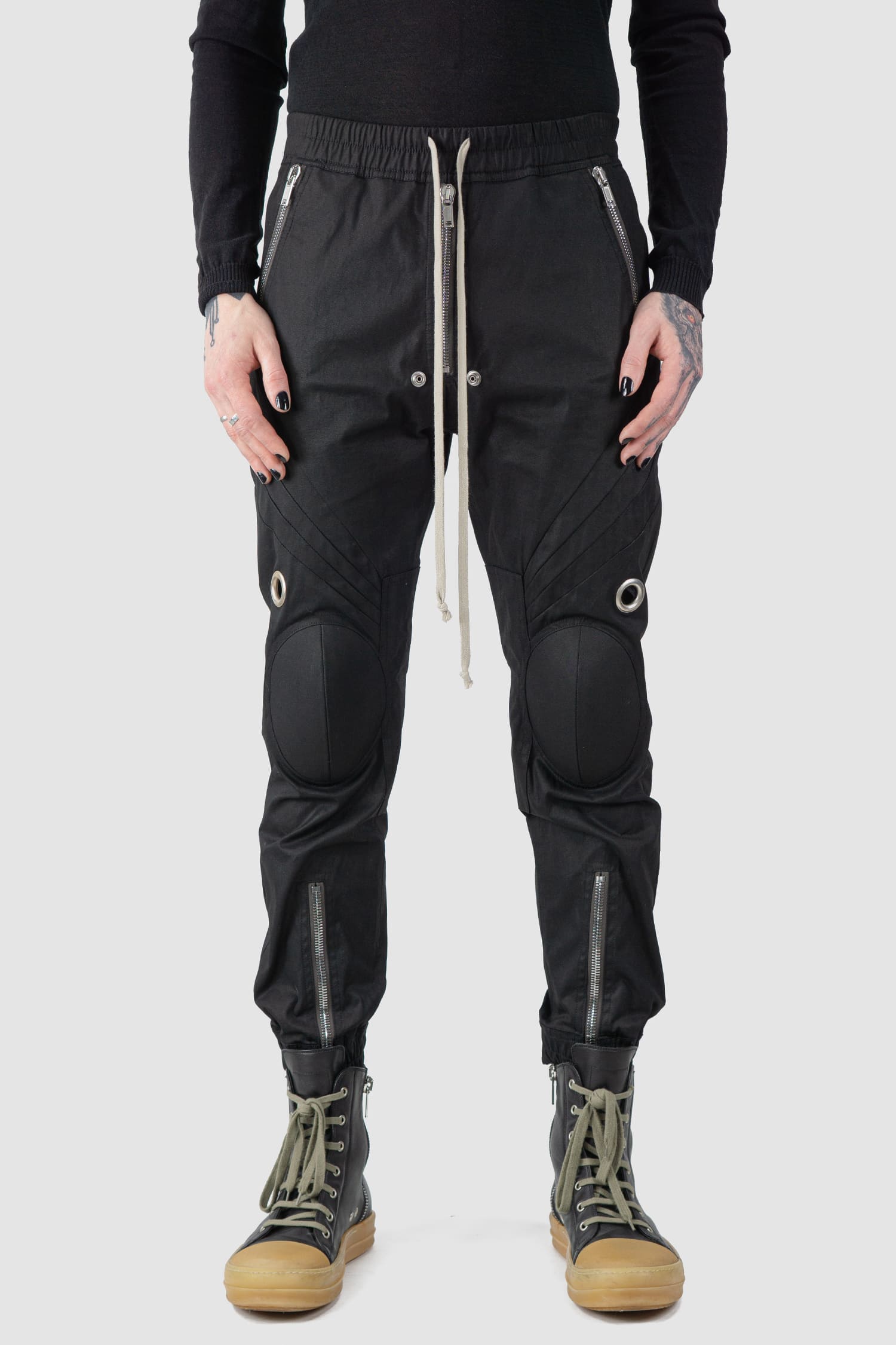 Rick Owens - front view of black Cotton Knee Cap Biker Jogger Trousers