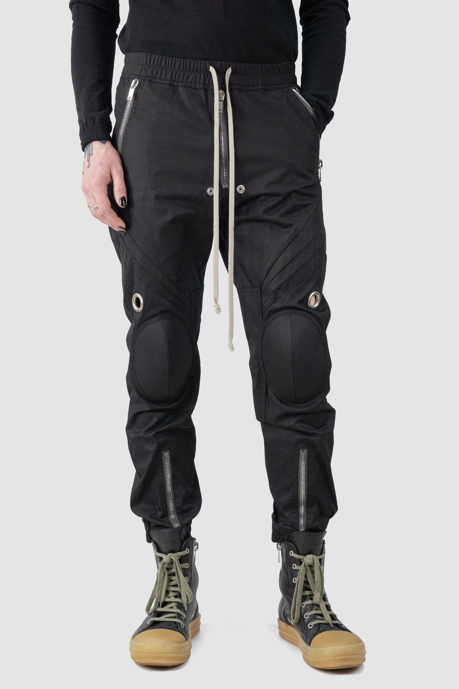 Rick Owens - front relaxed view of black Cotton Knee Cap Biker Jogger Trousers