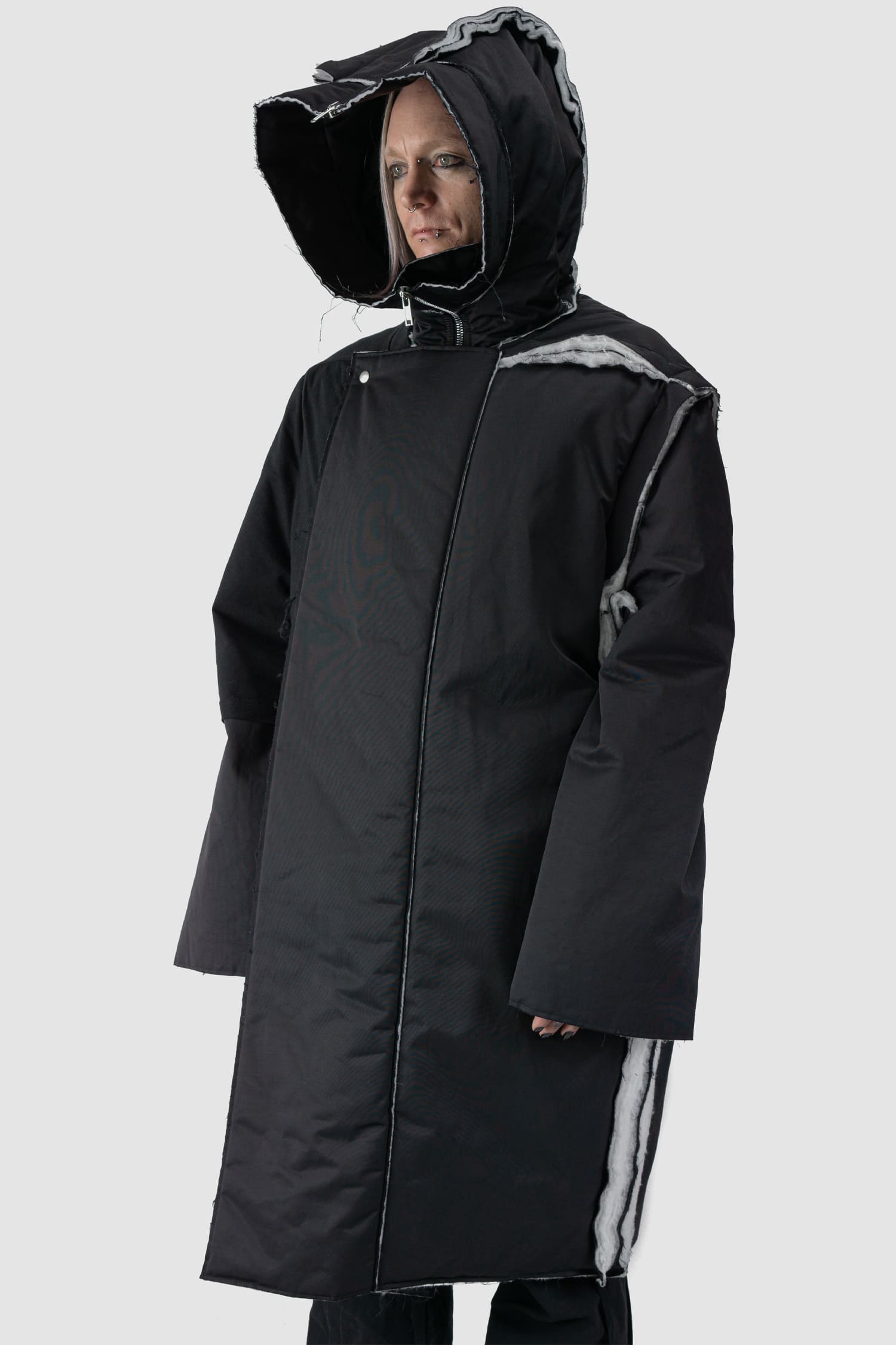 Rick Owens DRKSHDW - hooded view of black Oversized Hooded Padded Sisyparka Coat