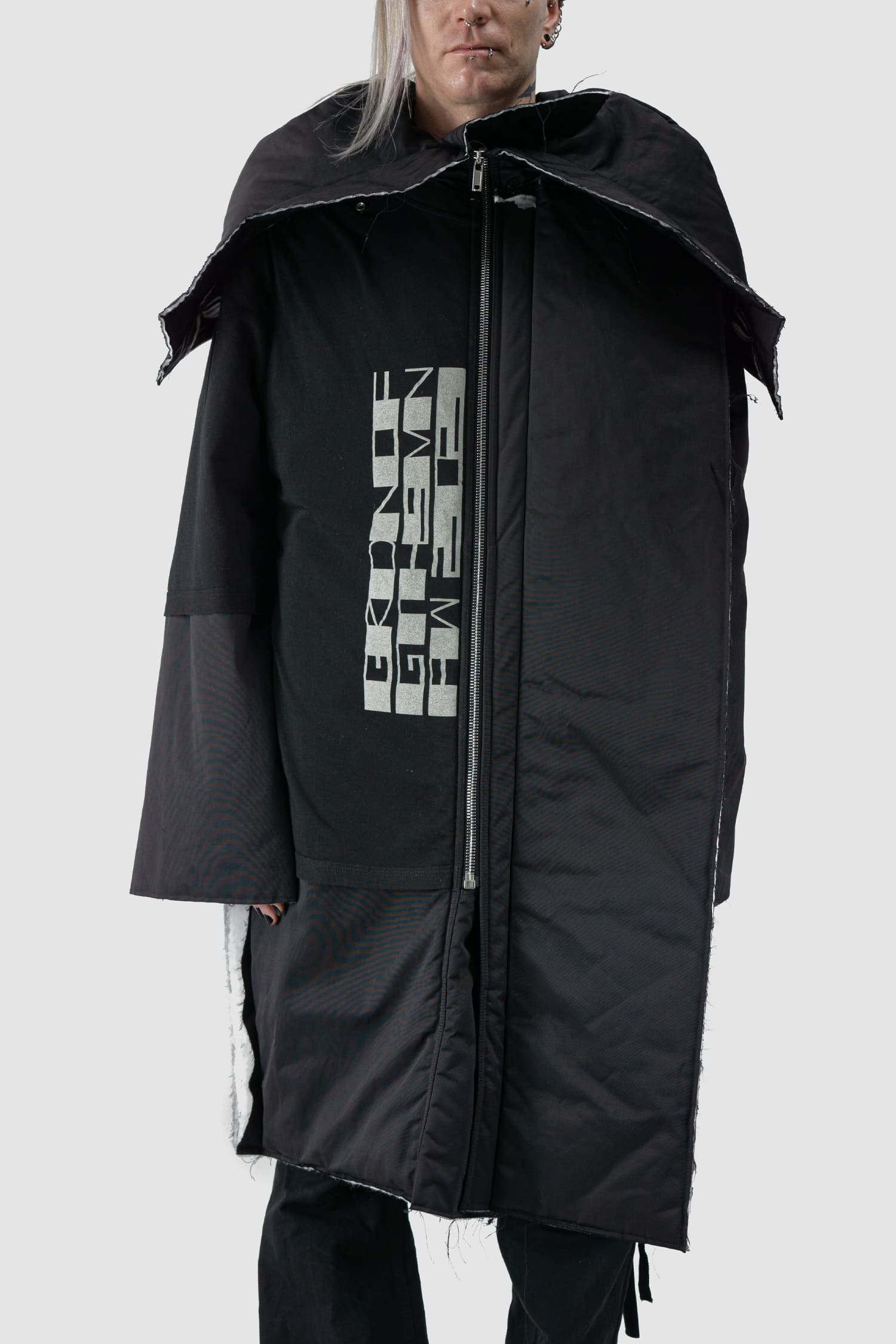 Rick Owens DRKSHDW - front detail view of black Oversized Hooded Padded Sisyparka Coat