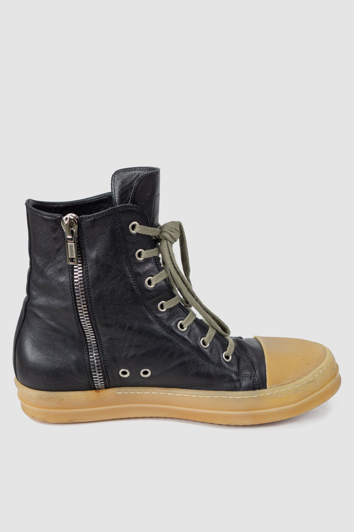 Rick Owens - left inside view of black Gum Sole Leather High-Top Ramones Sneaker