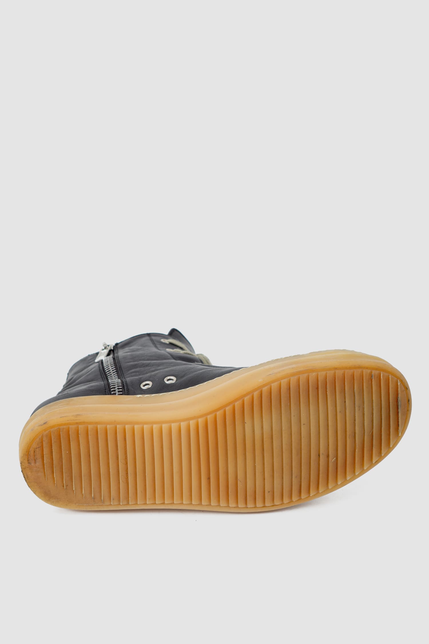 Rick Owens - left sole view of black Gum Sole Leather High-Top Ramones Sneaker