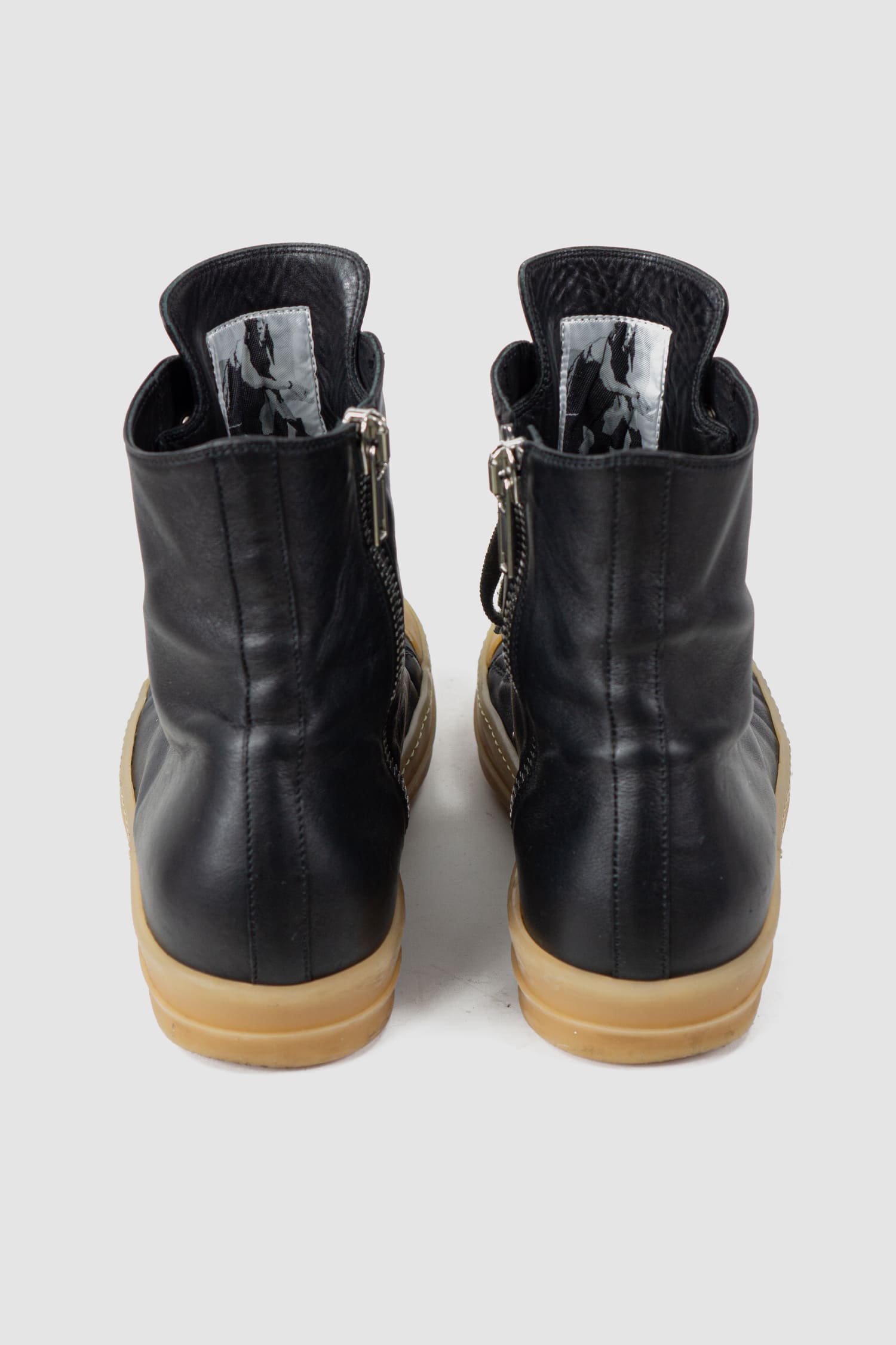 Rick Owens - pair back view of black Gum Sole Leather High-Top Ramones Sneaker