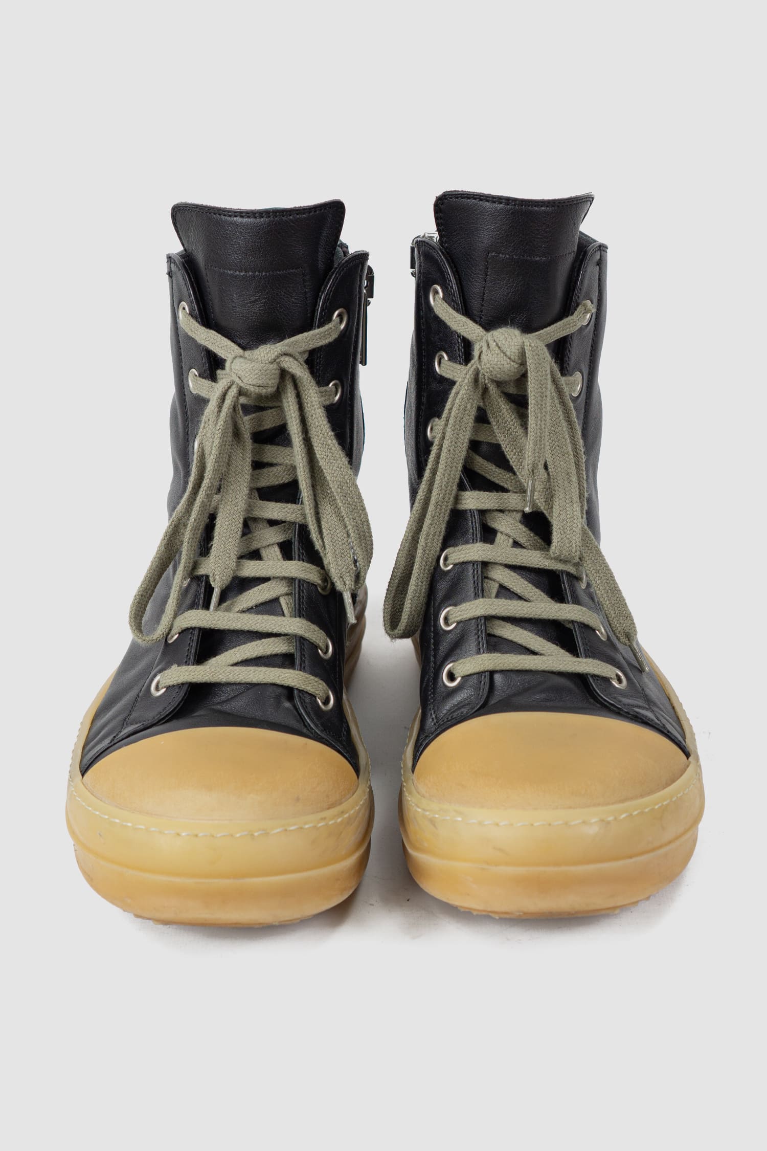 Rick Owens - pair front view of black Gum Sole Leather High-Top Ramones Sneaker
