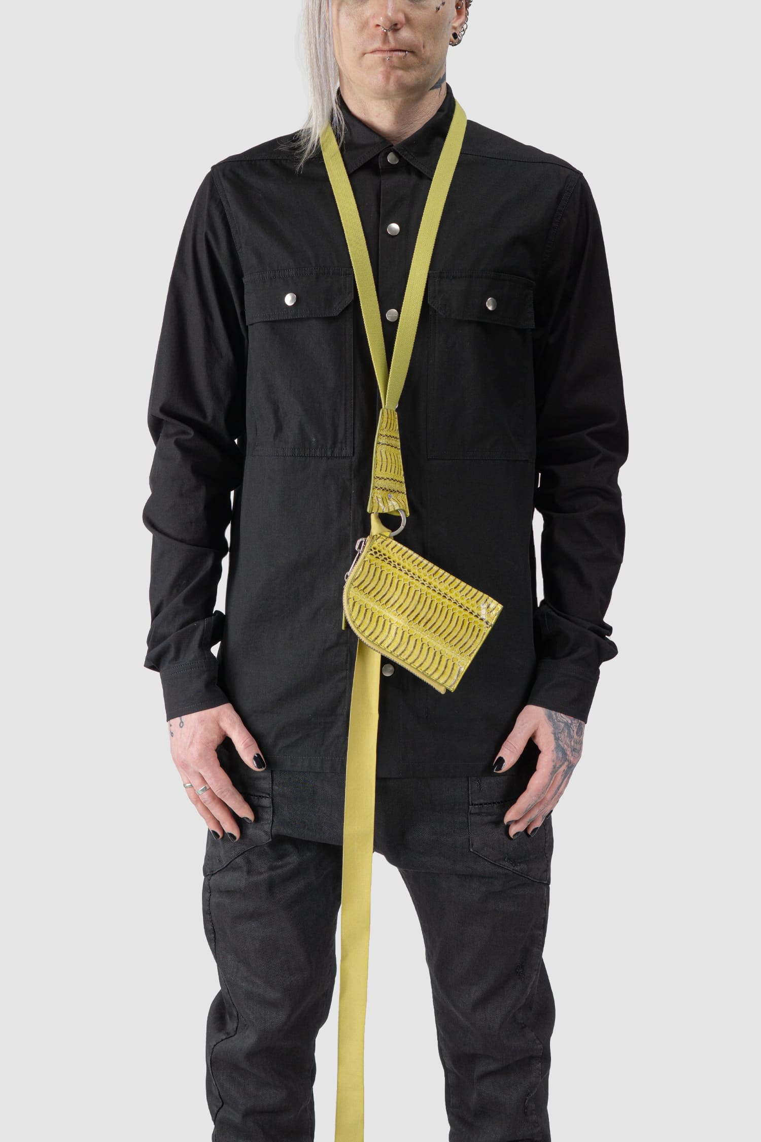 Rick Owens - Model front view of acid yellow Snake Leather Neck Wallet