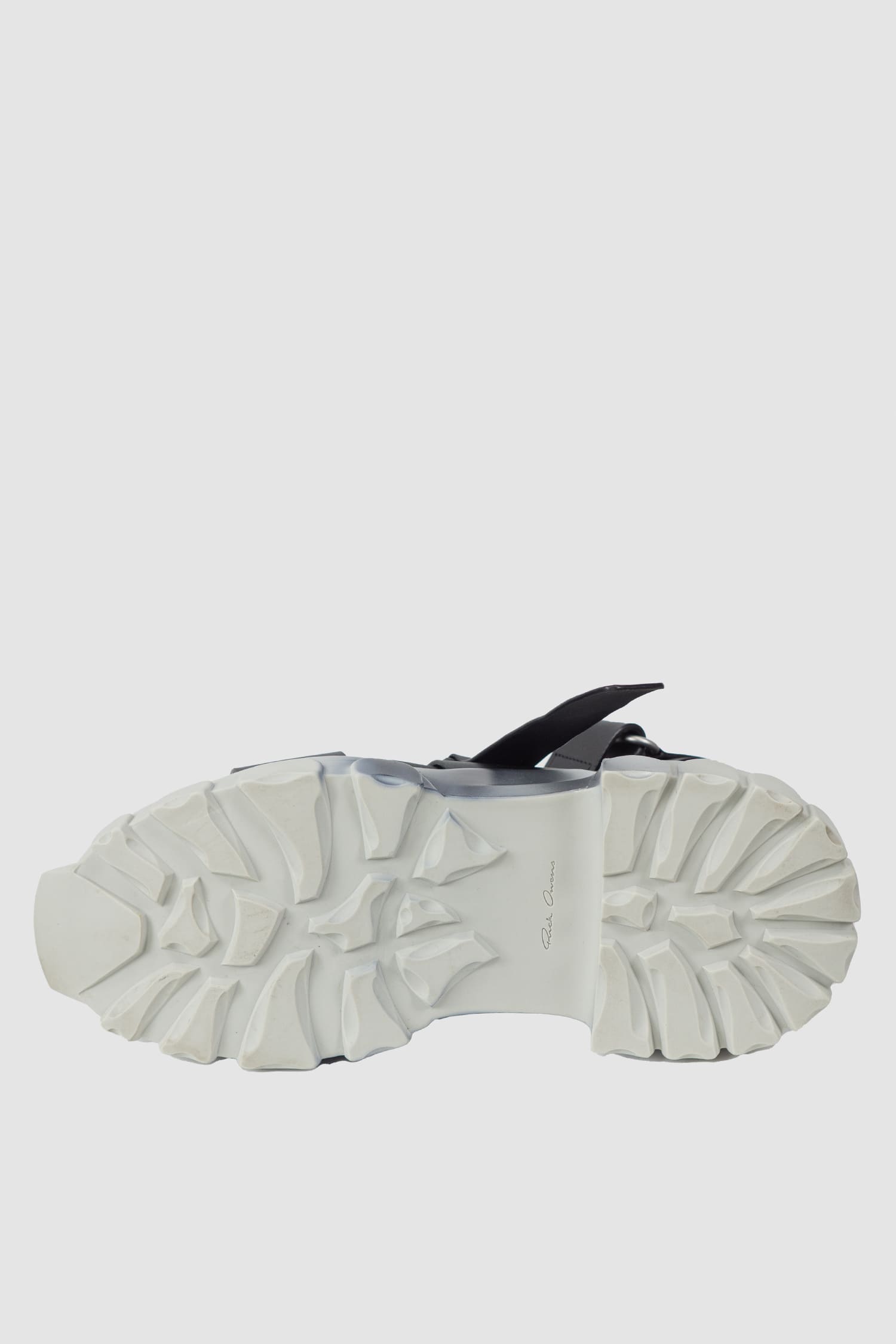Rick Owens - left sole view of black Spartan Leather Tractor Sandals