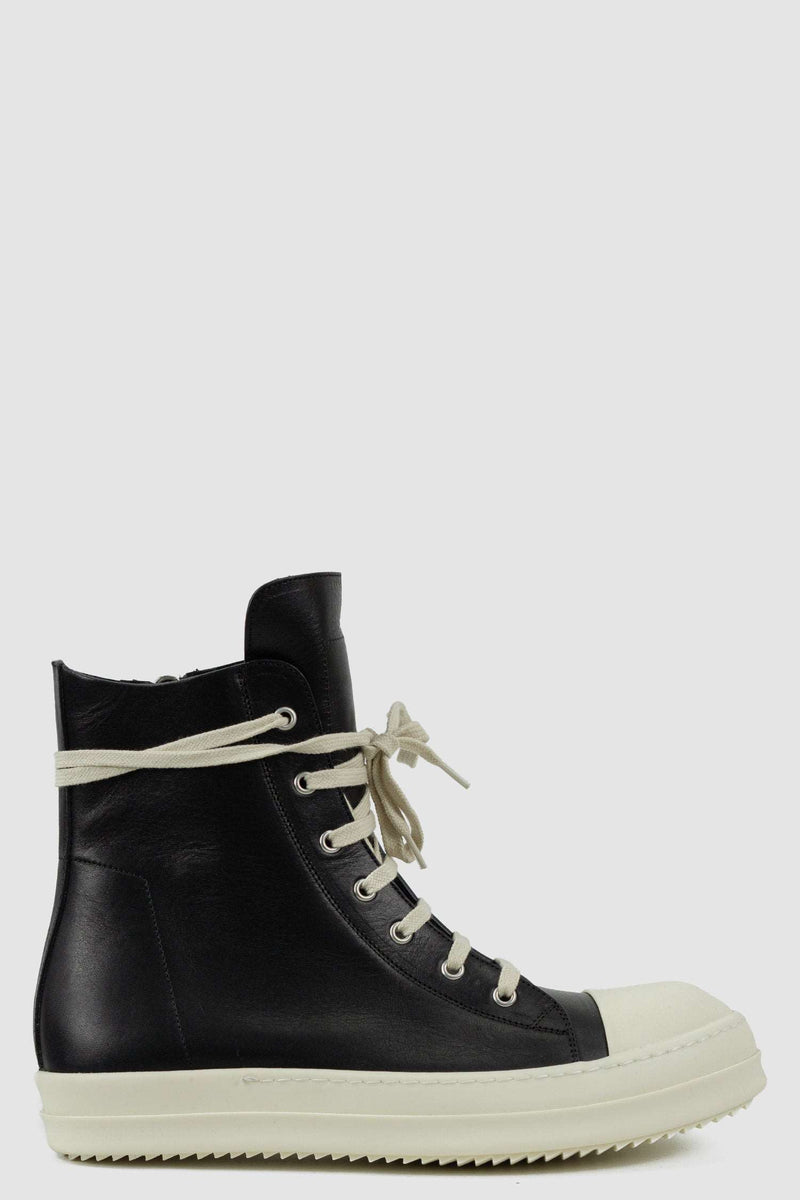 RICK OWENS black Ramones leather sneaker from FW21 featuring a milk white toe cap and an inside zipper right view.