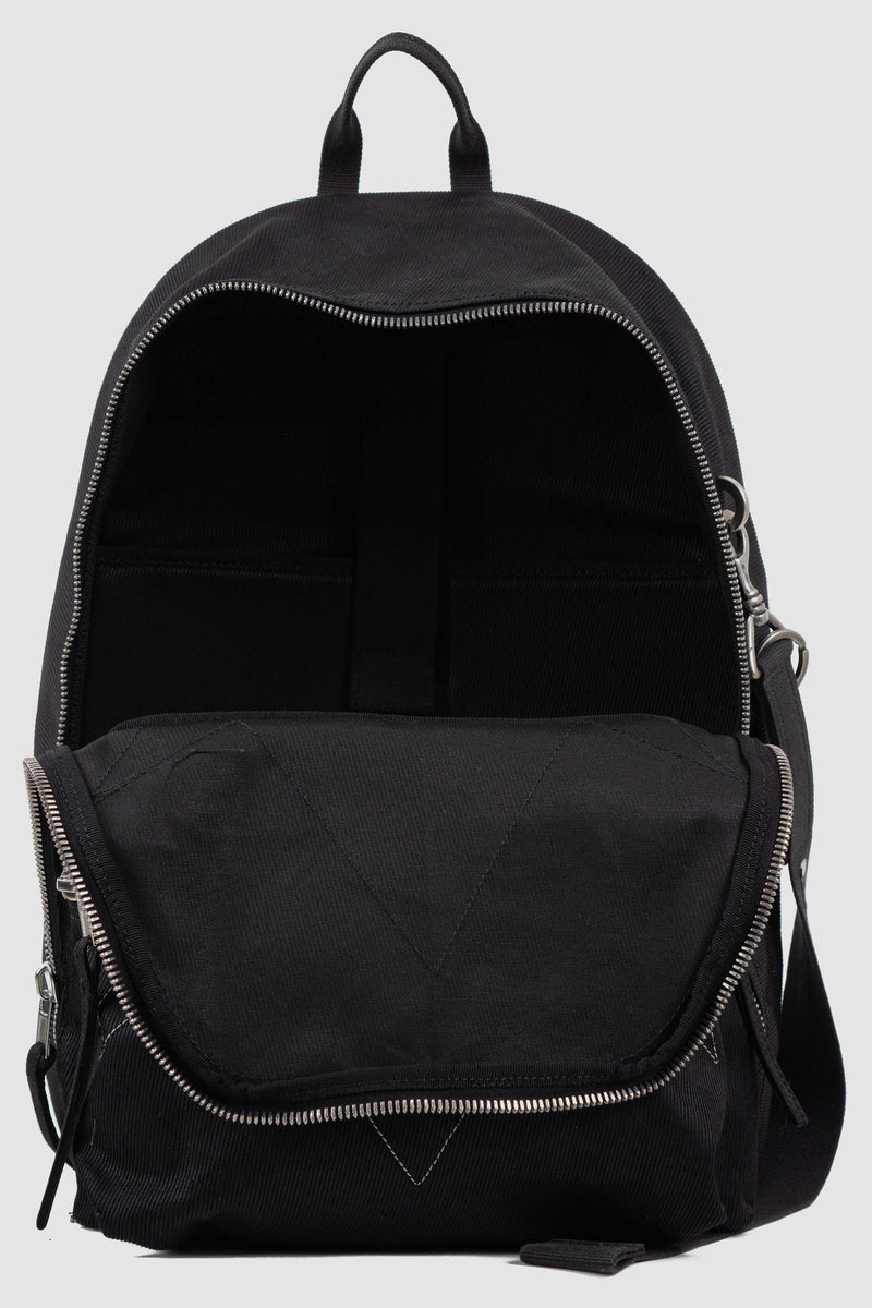 Rick Owens DRKSHDW Black Cotton Backpack with Embroidered Pentagram Logo. Perfect for laptops, with an extra keychain open.
