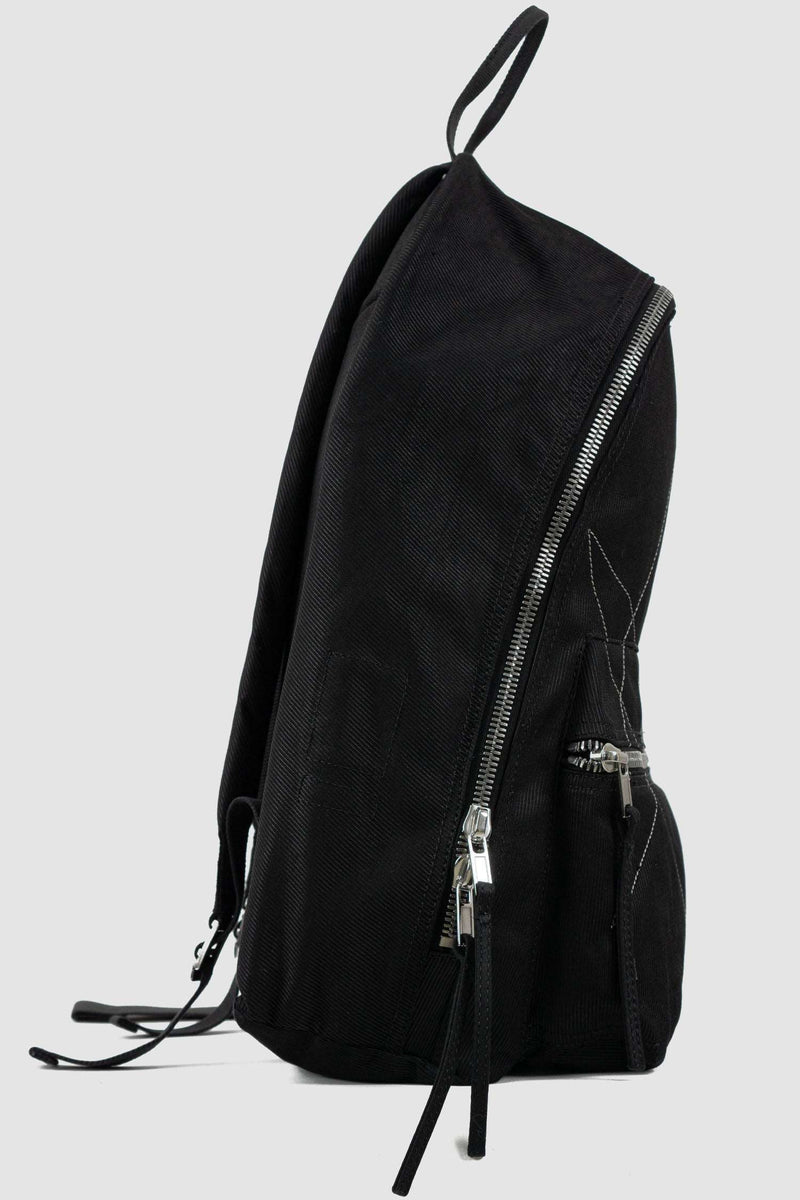 Rick Owens DRKSHDW Black Cotton Backpack with Embroidered Pentagram Logo. Perfect for laptops, with an extra keychain side left.