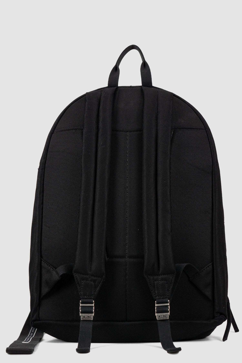 Rick Owens DRKSHDW Black Cotton Backpack with Embroidered Pentagram Logo. Perfect for laptops, with an extra keychain back view.